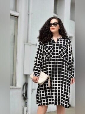 ASOS Black and White Grid Long-Sleeve Shirt Dress